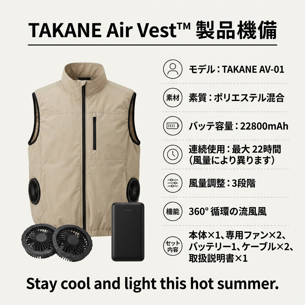 TAKANE エアベスト™｜ダブルファン内蔵 USB充電式 空調ベスト（軽量・ノースリーブ）