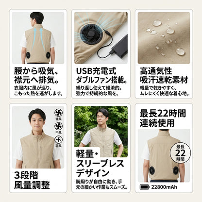 TAKANE エアベスト™｜ダブルファン内蔵 USB充電式 空調ベスト（軽量・ノースリーブ）
